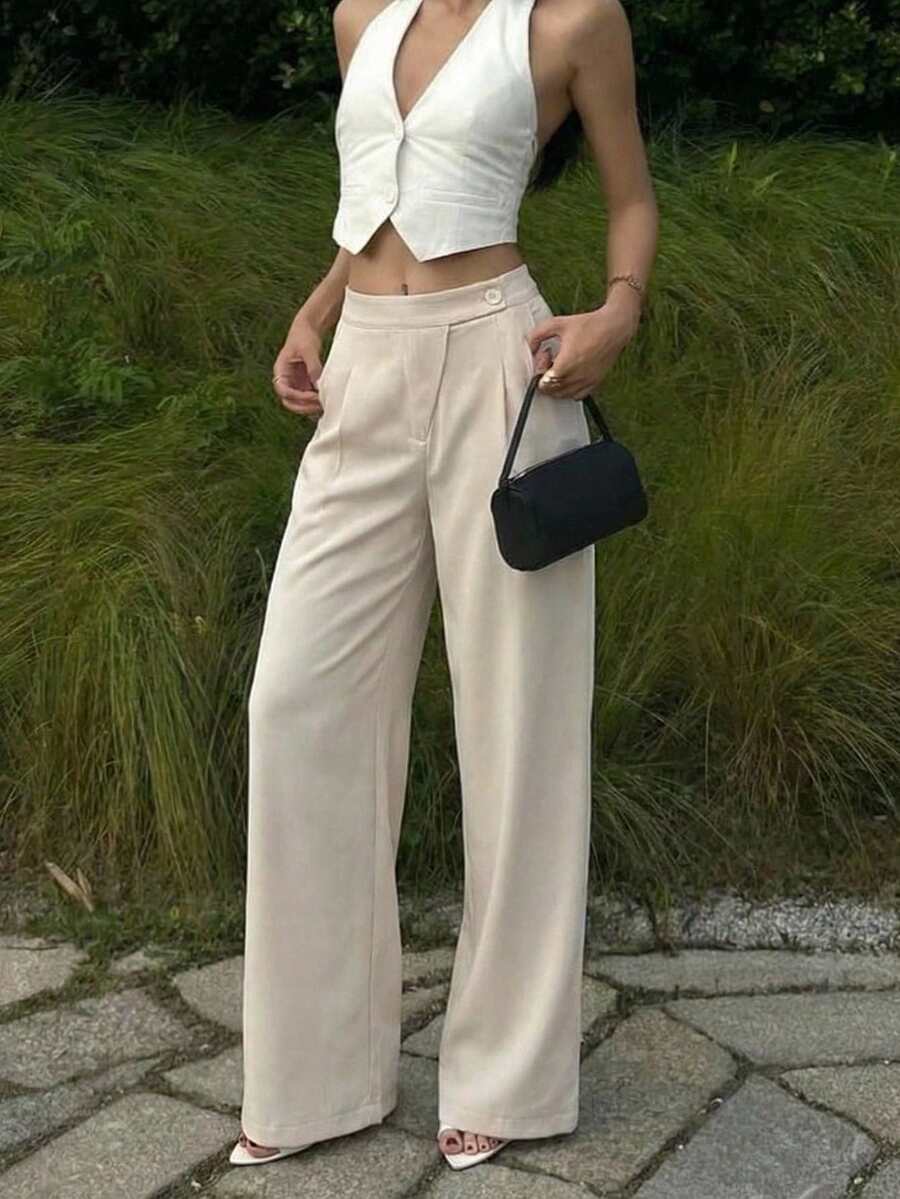 Firerie Quần tây nữ thanh lịch, đơn giản, đa năng, màu mơ, cạp trung, ve áo bất đối xứng, ống đứng dáng rộng, phù hợp cho công sở, trang phục giáo viên, nơi làm việc, các dịp trang trọng, mùa xuân/hè/thu/đông. - Màu be - Xem 1