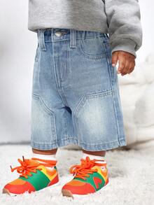 SHEIN Baby Boy Slant Pocket Solid Color Casual Wide Leg Jeans,Kids - Light Wash - View 5