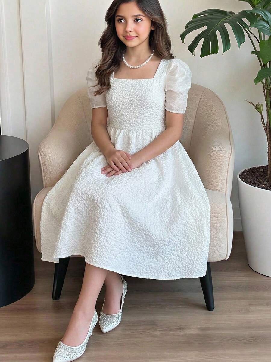 SHEIN Pitira Teen Girl's White Elegant Square Neck Gigot Sleeve Princess Dress With Ruffle Hem, Suitable For Weddings, Parties, Birthdays, Gatherings, White Dress For Women, White Elegant Dress, Puff Sleeve Dress,Kids - White - View 1