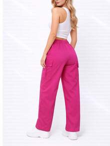 Pantalones cargo largos informales para mujer con detalle de lazo y tejido ligeramente elástico ma1121 - Rosa Fucsia - Ver 2