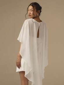 COSMINA 2 piezas/Set Vestido mini de satén con corte sesgo y capa chal para mujer, vestido de cóctel de unicolor para boda, fiesta, evento, vacaciones, blanco - Blanco - Ver 2