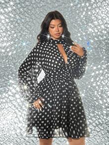 Viva Relle Đầm dài tay dáng ôm eo, họa tiết chấm bi đục lỗ thanh lịch, cỡ lớn. - Màu xanh hải quân - Xem 4