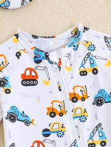 男婴卡通汽车印花泳衣，配遮阳帽 - 彩色 - 查看 4