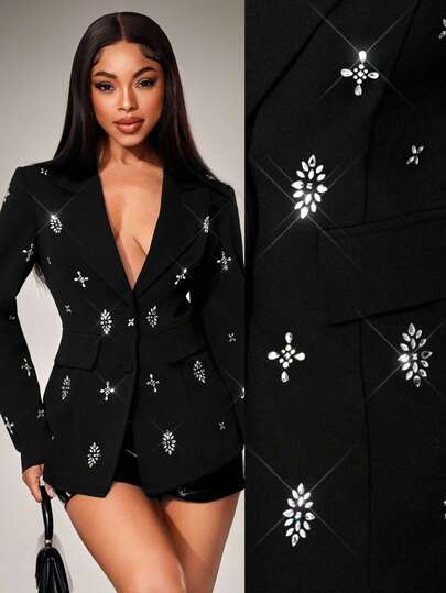 Radiana Women's Sexy Elegant Black Crystal Decor Fitted Blazer, Waist-Cinched Blazer, Luxurious Retro Blazer