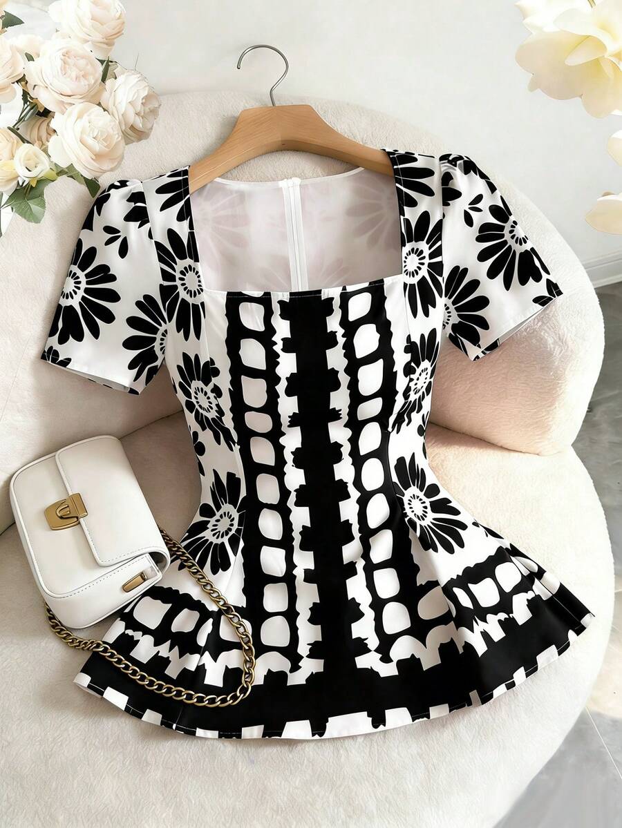 Franclia Women's Casual Ruffle Hem Floral Print Square Neck Short Sleeve Blouse - Black - View 1