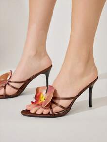 CUCCOO CHICEST Giày sandal cao gót mũi nhọn mỏng màu nâu cà phê họa tiết hoa, thời trang thanh lịch dành cho nữ, mẫu mới mùa hè. - Cà phê nâu - Xem 8