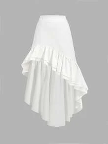 SHEIN MOD 女士白色不对称荷叶边中长裙 - 白色 - 查看 1