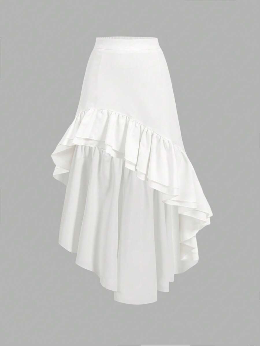 SHEIN MOD 女士白色不对称荷叶边中长裙 - 白色 - 查看 1