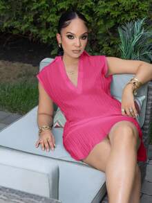 Melissa Matos Summer Beach Women's Solid Color Deep V-Neck Sleeveless Cover Up Shirt - Hot Pink - View 6