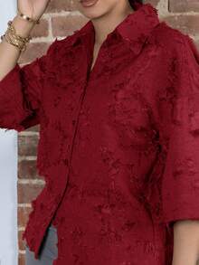 Melissa Matos 3/4 Sleeve Olive Green Shirt, Simple Cut, Loose Fit, Classic Collar, Comfortable To Wear - Red - View 6