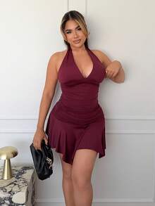 Maria Perezxox 全新不对称下摆收腰优雅通勤日常穿着深 V 领露背迷你连衣裙，女士夏季 - 酒紅色 - 查看 5