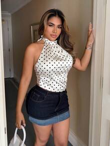 Maria Perezxox Minifalda de mezclilla casual de mujer con bloqueo de color lavado y parches - Azul lavado oscuro - Ver 5