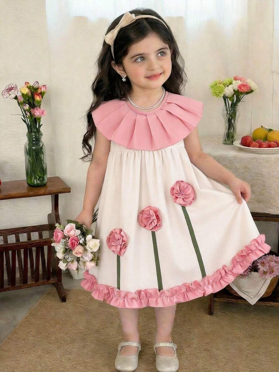 SHEIN LMoss Kids 少女撞色荷叶边碎花休闲连衣裙 - 黑與白 - 查看 1