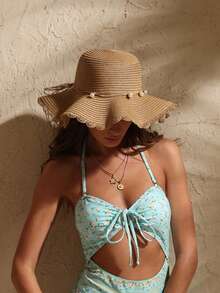 Swim Chiccia 1 件女士卡其色波浪海滩太阳帽，带人造珍珠和蝴蝶结细节，优雅的海滩旅行度假太阳帽 - 卡其色 - 查看 12