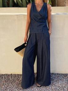 DAZY Women's Casual Washed Pleated Tie Strap Vest And Wide Leg Jeans Pants Suit, Spring/Summer - Blue - View 5