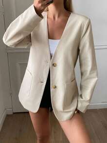 DAZY 女士休闲薄款西装外套，条纹袖口，单排扣设计 - 米色 - 查看 1
