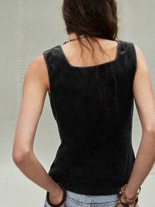 SoleilVie 女士新款斜扣腰部上衣，波西米亚风修身短款上衣，黑色背心，女士黑色夏季上衣，黑色西部牛仔上衣，女士牛仔上衣，搭扣上衣，可爱黑色上衣，女士牛仔上衣，女士黑色上衣 - 黑色 - 查看 5