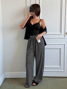 SHEIN Napfluff 女士睡衣三件套：扭结前襟吊带背心、短袖开衫 - 黑與白 - 查看 7