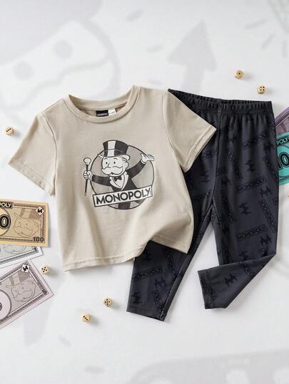 MONOPOLY X SHEIN 女婴卡通印花T恤和字母印花裤子套装