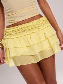 SHEIN BAE Chiffon Ruffle Hem Mini Skirt With Lining, Suitable For Beach Vacation, Music Festival, Summer, Sexy And Cute Mini Skirt - Light Yellow - View 3