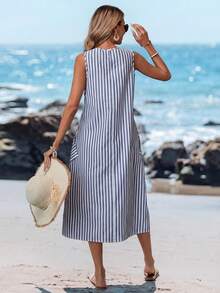 Sylviya 女式圆领条纹棉质编织连衣裙，双口袋，A 字下摆，夏季 - 藍色 - 查看 2