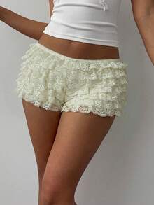 Aloruh Women's Colorblock Lace Trim Mesh Multi-Layer Ruffle Hem Micro Shorts, Suitable For Music Festivals In Spring/Summer - Apricot - View 3