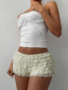 Aloruh Women's Colorblock Lace Trim Mesh Multi-Layer Ruffle Hem Micro Shorts, Suitable For Music Festivals In Spring/Summer - Apricot - View 7