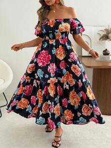 Ceyna Đầm trễ vai tay bồng bất đối xứng in hoa dành cho nữ cỡ lớn, phù hợp cho kỳ nghỉ gia đình, tụ họp bạn bè, đa năng. - Nhiều màu - Xem 5