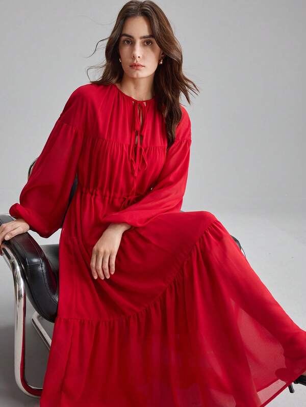 Ontre 2026 Cherry Red Chiffon Wrinkle-Resistant Fabric V-Neck Loose Fit Raglan Sleeve Long Sleeve Pleated A-Line Maxi Dress, Romantic Flowy Relaxed Silhouette, Modern Urban Chic Business Casual Office Wear, High-Quality Designer Series, Comfortable All-Season Essential Dress Chiffon Dresses For Women Red Midi Dress Red Casual Dress Midi Dress With Sleeves Pleated Dresses For Women High-End, Elegant, Old-Fashioned Cruise Attire For Wedding Guests Red Maxi Dress Women Red Long Sleeve Dress Flowy Dresses