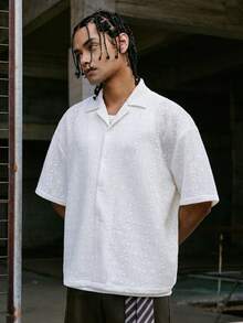 Pavtros 男士宽松白色纹理衬衫，男女皆宜的嘻哈街头风格，夏季休闲时尚上衣，宽松短袖，独特面料，男士街头穿搭，男士夏季休闲度假日常通勤纯色纹理面料翻领短袖白色衬衫衬衫男士纹理衬衫 - 米色 - 查看 7