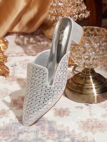 CUCCOO TILAWA Women's Square Toe Silver Rhinestone Decor Plaid Open Toe Low Heel Versatile Fashion Date Night High Heel Sandals - Silver - View 4