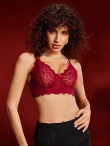 1pc Wine Red Women's Lace Trim Underwire Bra - Burgundy - View 6