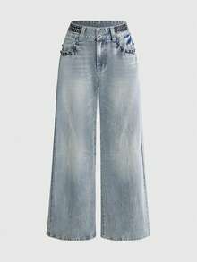 ROMWE Avant Quần jeans nữ ống loe cạp thấp dáng rộng, thiết kế đinh tán cổ điển, rách rưới. - Màu xanh nhạt - Xem 1