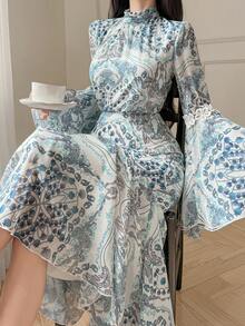 DAZY Women's Elegant 2-Piece Set: Mandarin Collar Flare Sleeve Top And Mini Skirt With Cashew Pattern - Blue - View 8