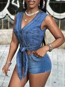 Slaydiva Women's V-Neck Single-Breasted Tie-Waist Casual Denim Vest Jacket - Black - View 3