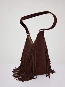 MUSERA Faux Leather Fringed Handbag Cute Summer Going Out Daily Spring Holiday Accessory Women's Fashionable Retro Simple Tassel Suede Shoulder Bag - Coffee - View 4