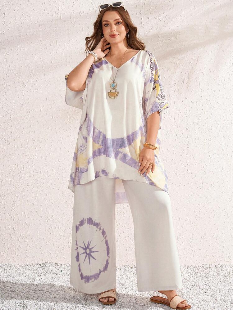 2pc Set Plus Size Women's Summer Casual Vacation Country  Tie-Dye Print Short Sleeve Loose Blouse Top Shirt And Pants 2-Piece Set, Spring/Summer,Summer\Vacation,Summer Holiday,Spring Break Outfits ,Vacation Outfits Women ,Holiday Outfits For Women,Going Out Outfits,2026 New Clothes,Simple And Fashionable For Everyday Wear,Suitable For Summer, Vacation, Daily Wear,Suitable For Summer, Vacation, Daily Wear,Country Concert Outfit ,Modest Two Piece Set, Plus Size Summer Sets,Plus Size Pants Set,Boho Set,Boho Pants Set For Women,Wide Leg Pants Set,2 Piece Casual Sets Woman,Two Piece Set Women, Women Clothes Sets, Women Vacation Outfit Sets