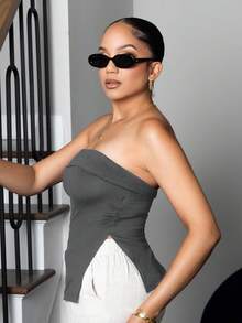 Melissa Matos Áo crop top không dây hở vai Y2K Subculture có viền xẻ dành cho nữ - Màu xám đen - Xem 3