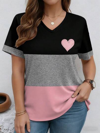 EMERY ROSE Patchwork Printed Pattern Striped V-Neck Short Sleeve T-Shirt, Plus Size, Spring/Summer