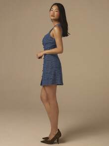 COSMINA Denim 女士优雅提花无袖方领收腰A字金属纽扣迷你牛仔连衣裙，早春 - 中等水洗藍 - 查看 6