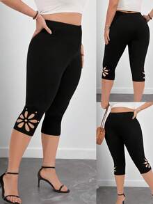 Elenzga Quần legging lửng cạp cao màu trơn họa tiết hoa khoét rỗng dành cho nữ cỡ lớn. - màu đen - Xem 1