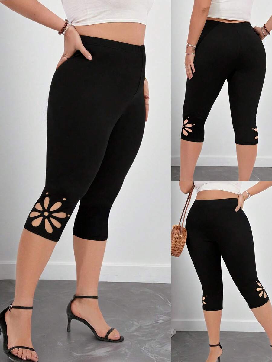 Elenzga Quần legging lửng cạp cao màu trơn họa tiết hoa khoét rỗng dành cho nữ cỡ lớn. - màu đen - Xem 1