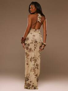 MUSERA Floral Print Chiffon Cowl Plunge Front Ruched Panel Straight Fit Maxi Dress Spring Summer Vacation Beach Elegant Ibiza Festival Holiday Tajine - Multicolor - View 4