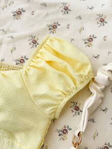 Áo kiểu cho bé gái tuổi teen, kiểu dáng đơn giản, thoải mái, kẻ caro với xếp ly phía sau. - Màu vàng - Xem 5