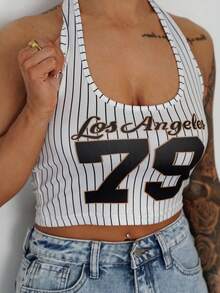 SAYEHFBABY 女式条纹字母图案街头风工字背心 - 黑與白 - 查看 3