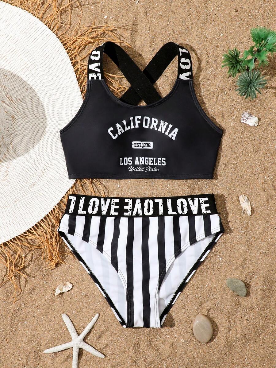 SHEIN 两件套少女简约设计交叉绑带上衣,饰有LOVE字样织带,彩色印花泳装,时尚独特,适合游泳、度假、夏季穿着,必备泳装单品 - 黑色 - 查看 1