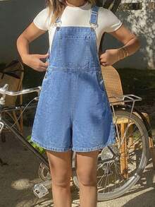 SHEIN 少女宽松蓝色牛仔背带短裤 - 淺色水洗藍 - 查看 4