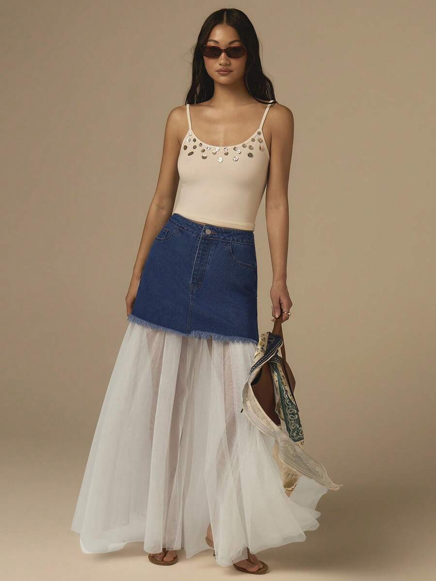 COSMINA Denim Chân váy chữ A bằng vải denim rách với viền lưới tương phản dành cho nữ. - Màu xanh lam - Xem 1