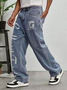 GALLERY FADE Men's Hip Hop Street Fashion Letter Print Washed Straight Leg Wide Jeans - Light Wash - View 3