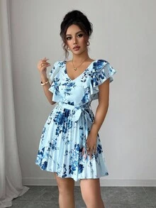 Elenzga Ruffle Sleeve V-Neck Cinched Waist A-Line Floral Print Vacation Elegant Romantic Dress For Women - Multicolor - View 4